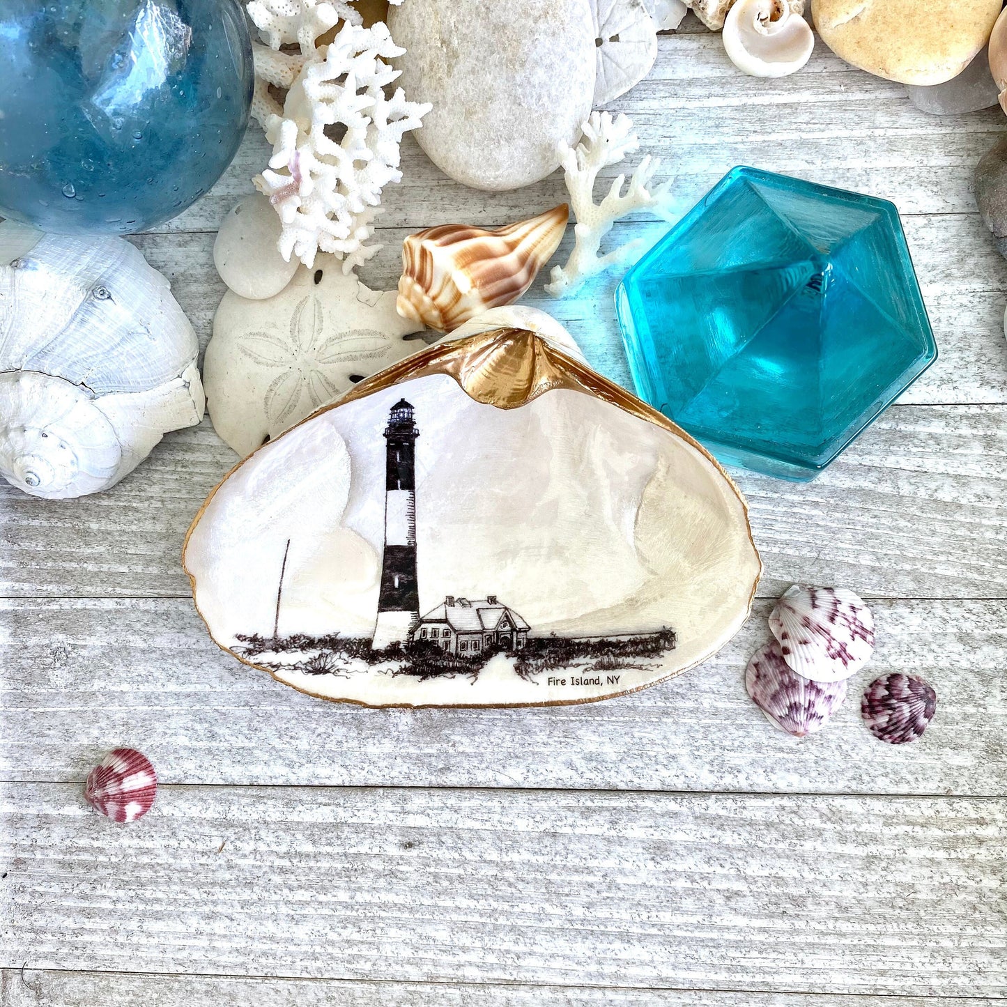 Decoupage Clam Shell Trinket Dish Fire Island Lighthouse Art, Coastal Home Decor