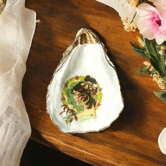Decoupage Oyster Shell Ring Dish – Art Nouveau Coastal Home Decor