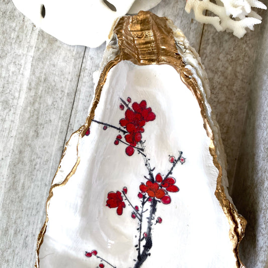Cherry Blossom Oyster Shell Trinket Dish – Hand-Crafted Decoupage Art