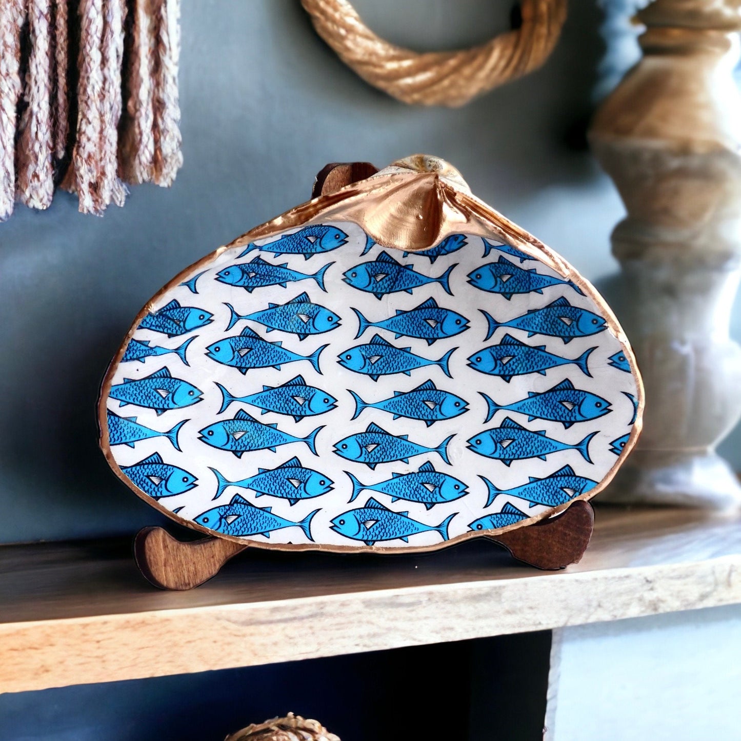 Decoupage Blue & White Clam Shell Ring Dish – Fish Art Coastal Jewelry Holder, Nautical Gift
