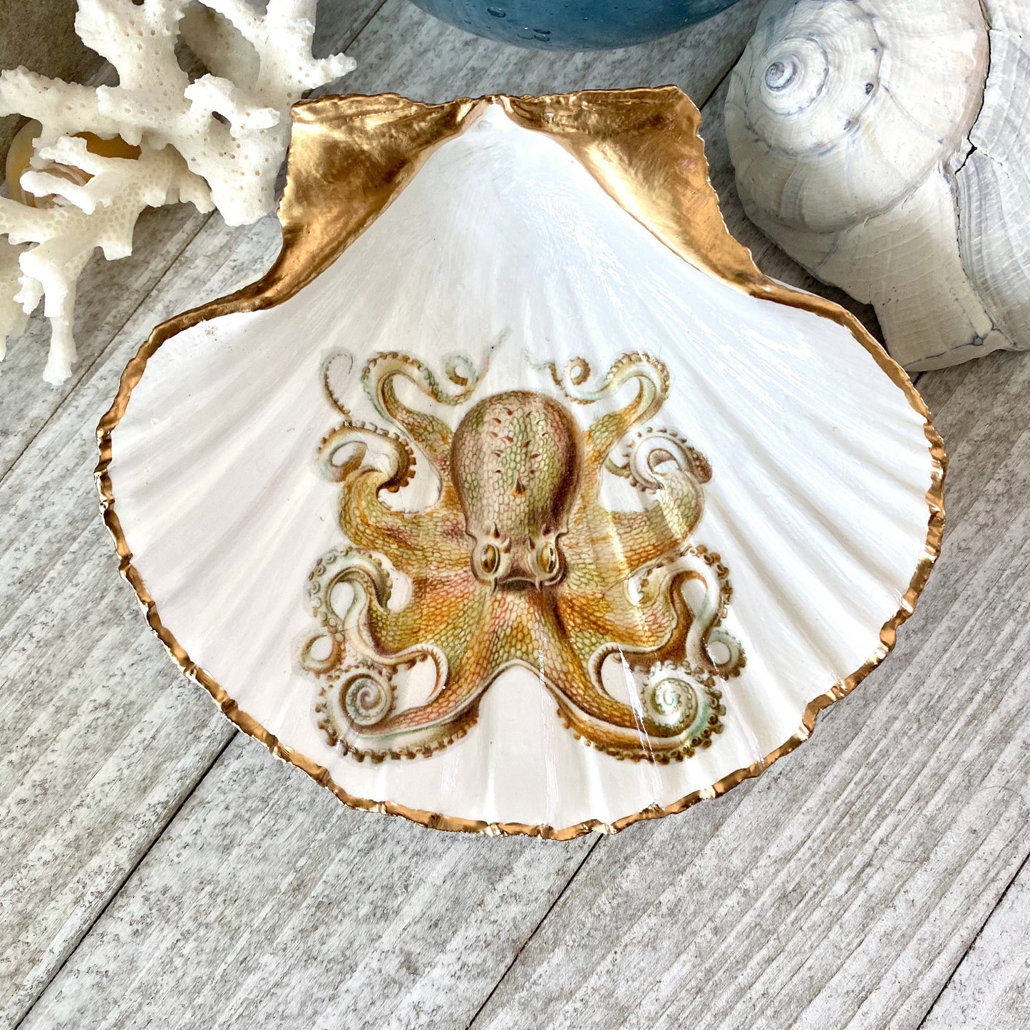 Decoupage Scallop Shell Trinket Dish Octopus Art