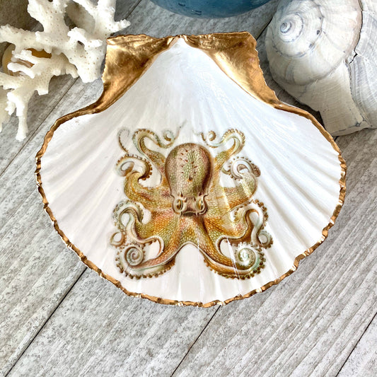 Decoupage Scallop Shell Trinket Dish Octopus Art