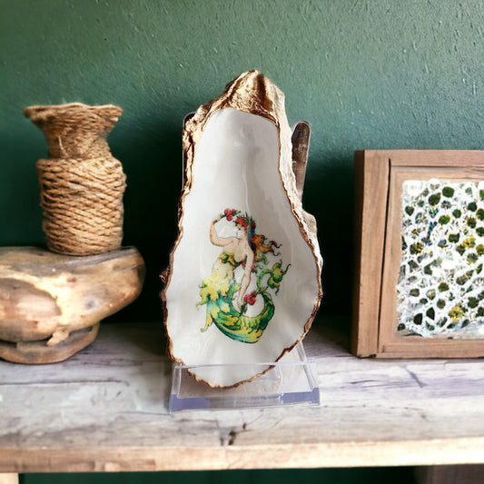 Decoupage Mermaid Oyster Shell Ring Dish – Hand-Colored Coastal Jewelry Holder, Beach House Decor