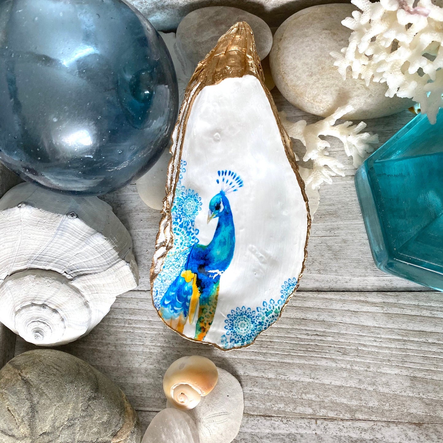 Decoupage Oyster Shell Trinket Dish Peacock Art