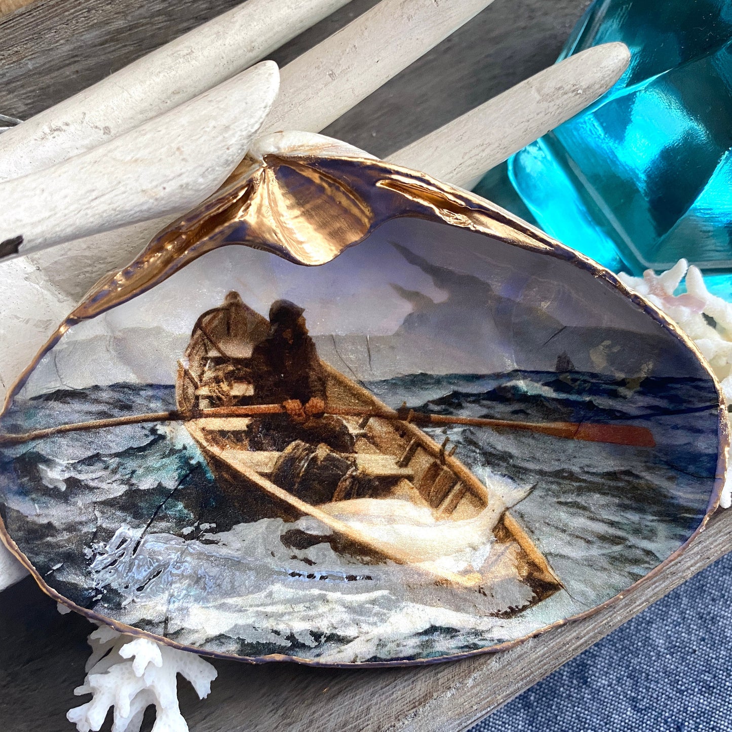 Handcrafted 'The Fog Warning' Clam Shell Ring Dish – Decoupage Fisherman Art, Coastal Decor