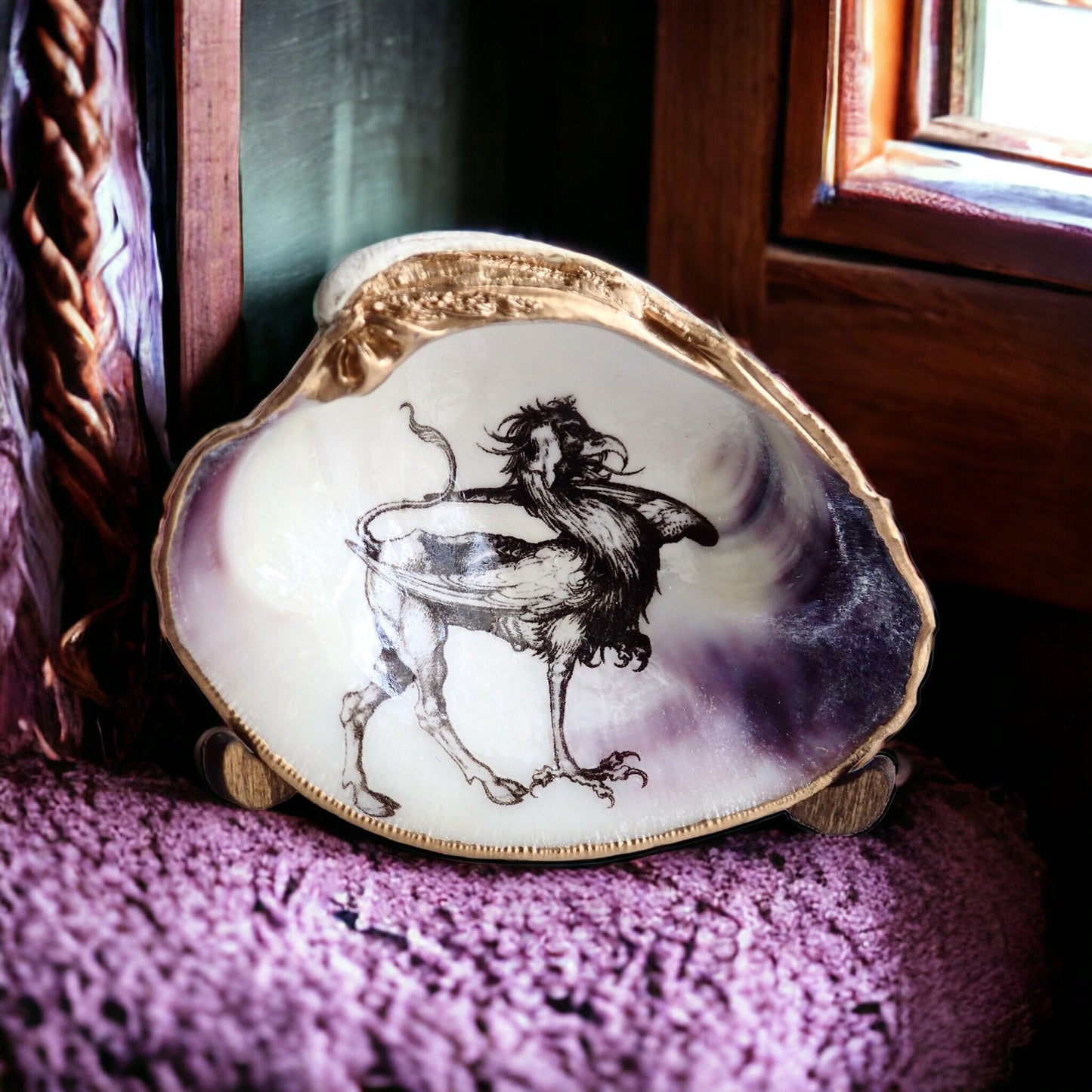 Decoupage Clam Shell Trinket Dish Mythical Griffin Art