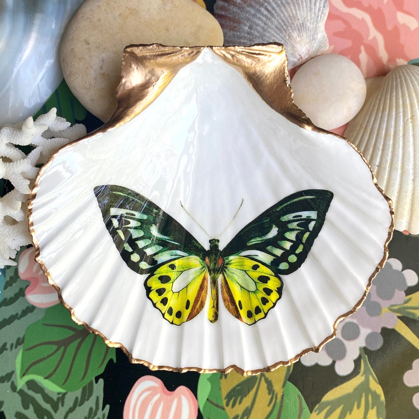 Decoupage Scallop Shell Trinket Dish Butterfly Art