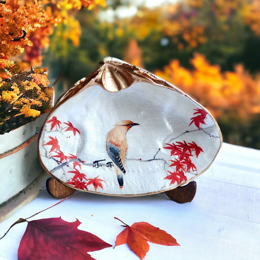 Cedar Waxwing Bird Decoupage Clam Shell Ring Dish