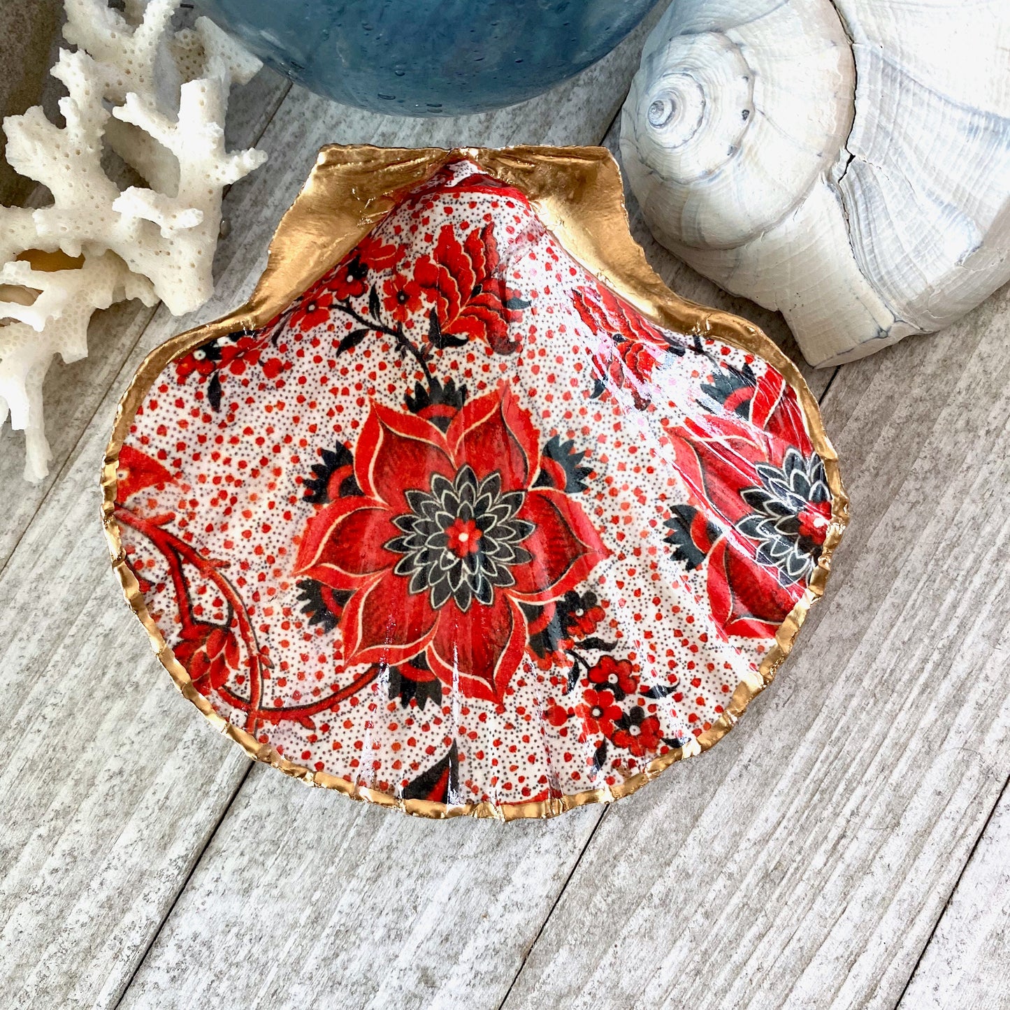 Decoupage Scallop Shell Trinket Dish Red Flower Pattern