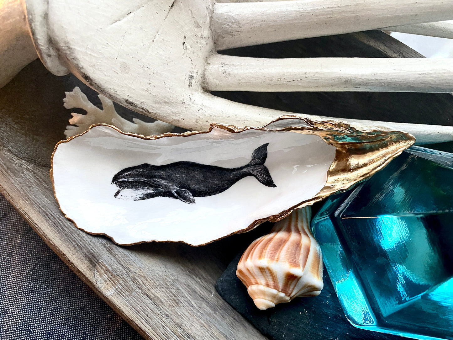 Whale Art Decoupage Oyster Shell Trinket Dish