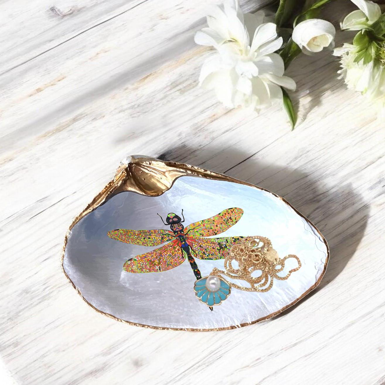 Decoupage Clam Shell Trinket Dish Dragonfly Art