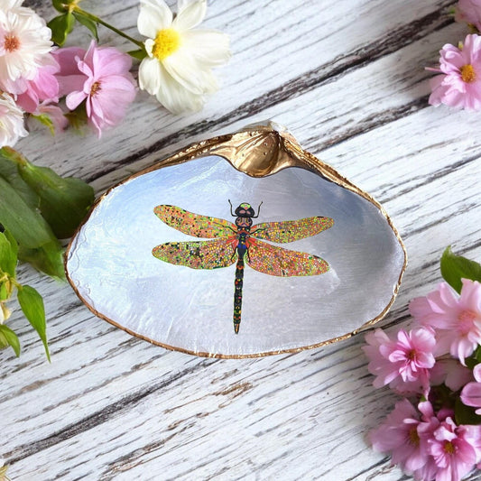 Decoupage Clam Shell Trinket Dish Dragonfly Art
