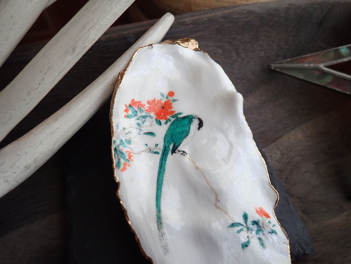 Decoupage Oyster Shell Ring Dish – Bird & Floral Design