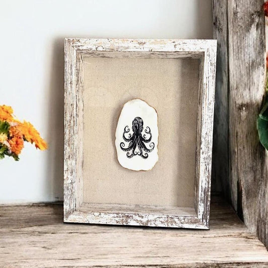 Decoupage Octopus Oyster Shell Shadow Box – Hand-Crafted Coastal Wall Hanging, Nautical Gift