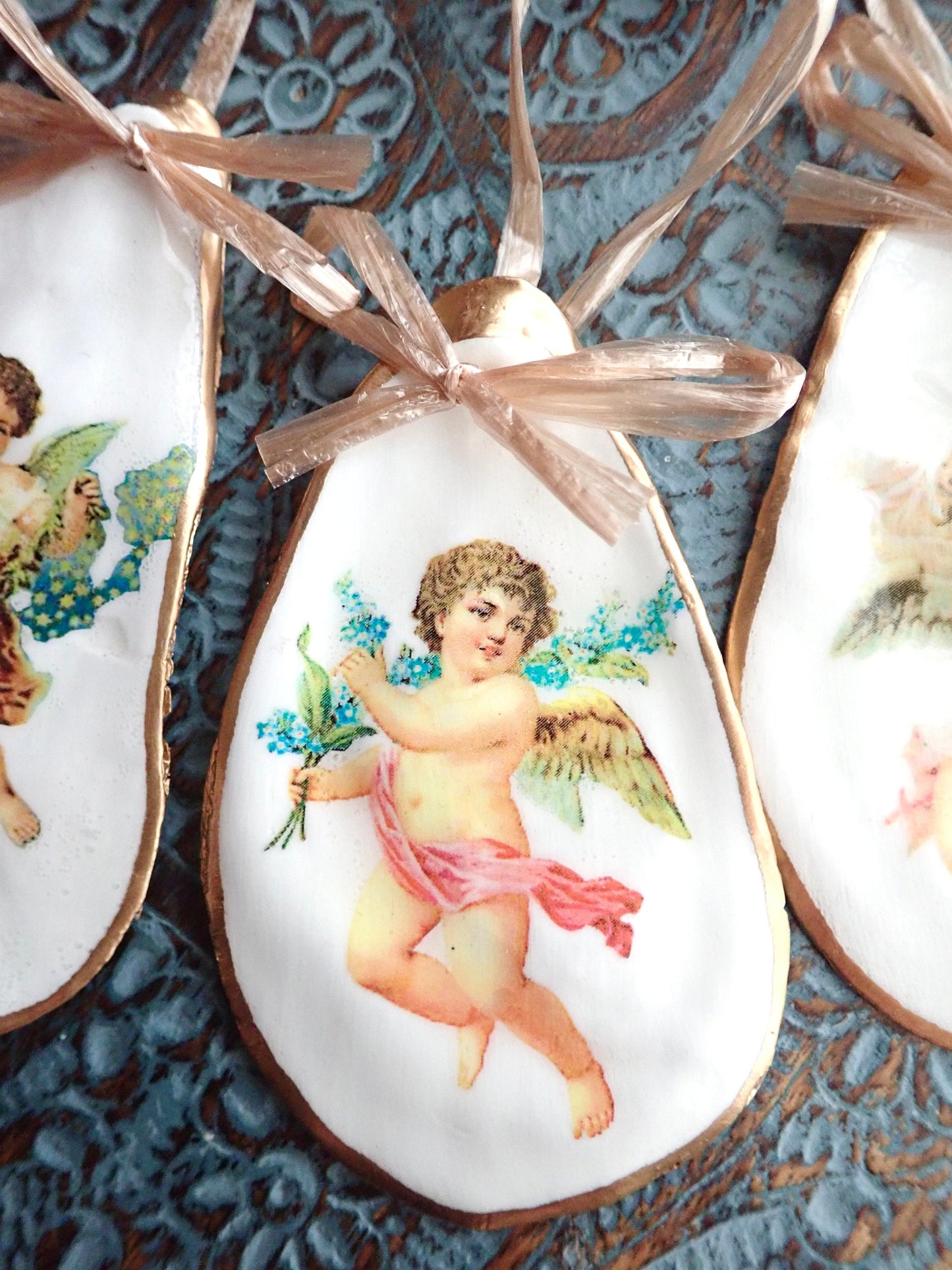 Holiday Angels Decoupage Oyster Shell Ornaments