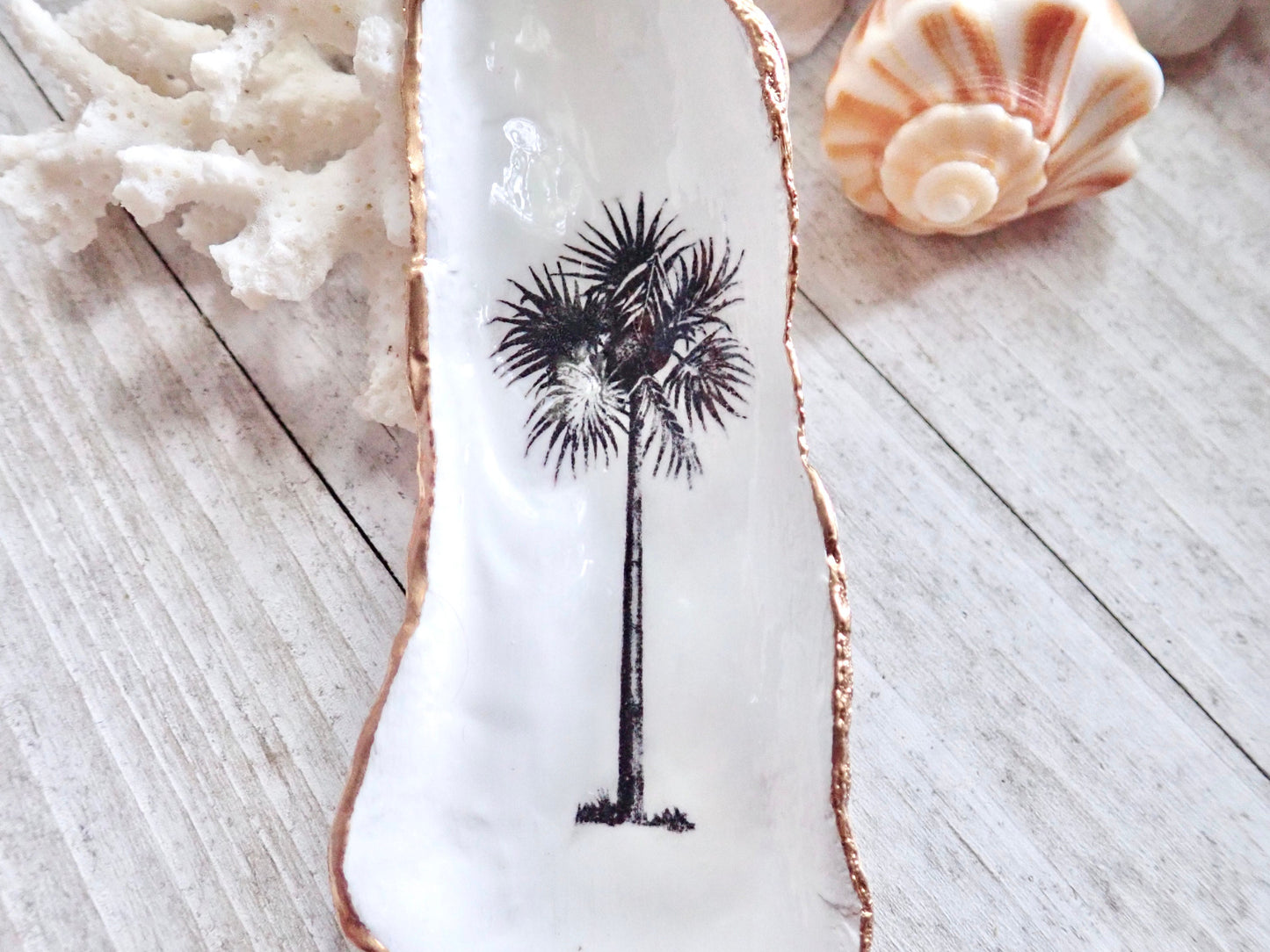 Decoupage Palm Tree Oyster Shell Ring Dish – Coastal Jewelry Holder, Nautical Gift