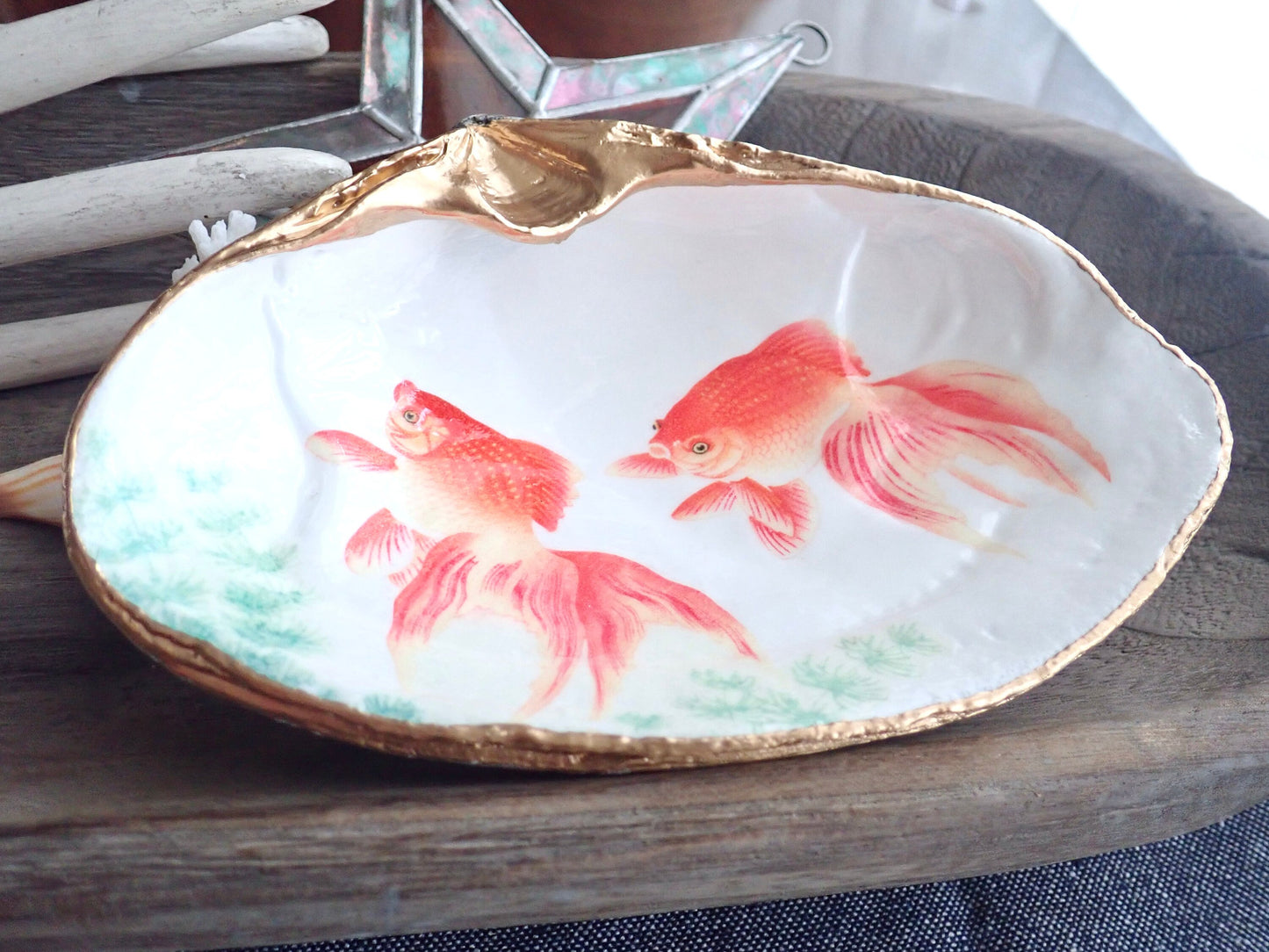 Decoupage Clam Shell Goldfish Art
