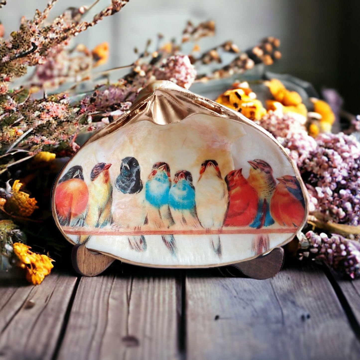 Decoupage Clam Shell Trinket Dish Bird Lover Art