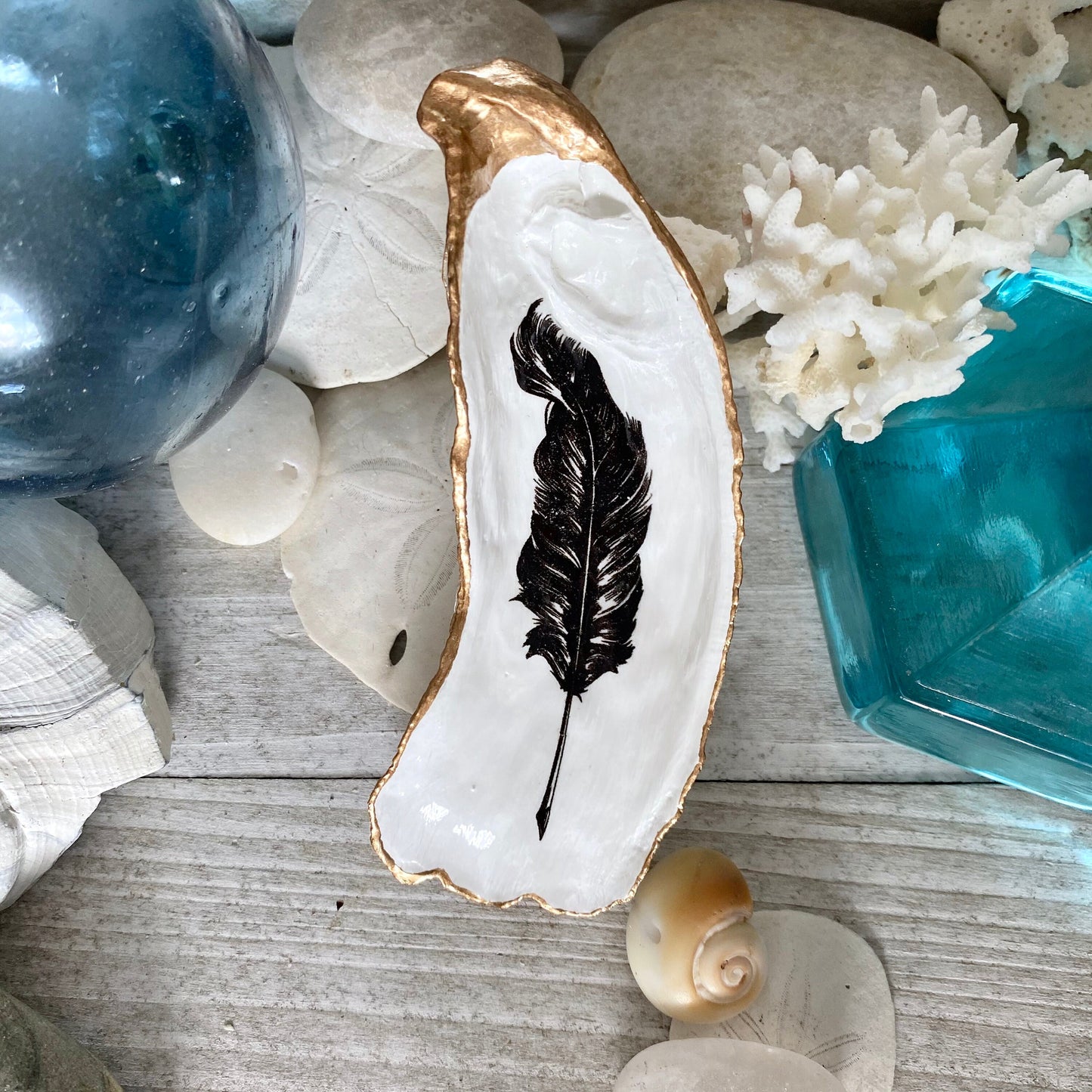 Decoupage Oyster Shell Ring Dish – Feather Art Coastal Decor, Hostess Gift