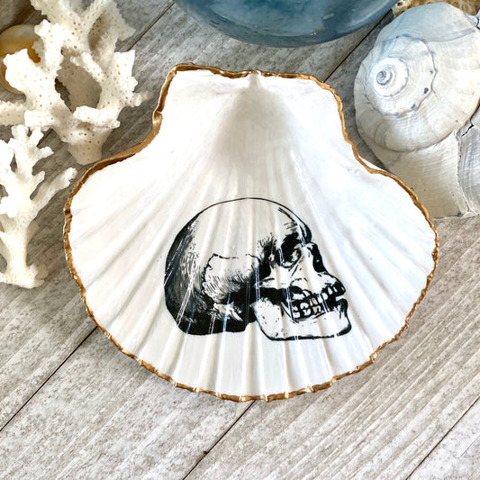 Decoupage Scallop Shell Trinket Dish Skull Art