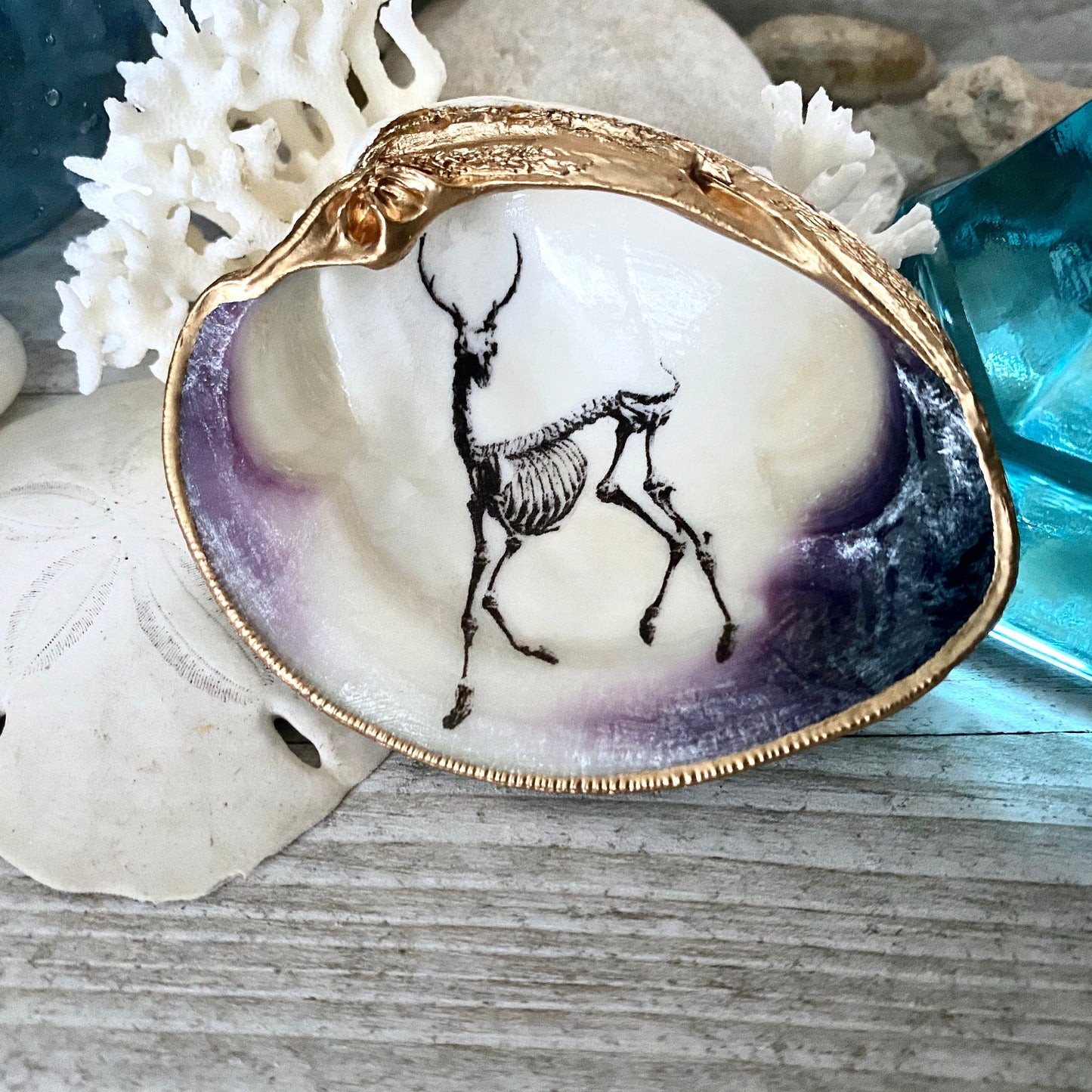 Decoupage Clam Shell Ring Dish – Gothic Skeleton, Esoteric Art Gift