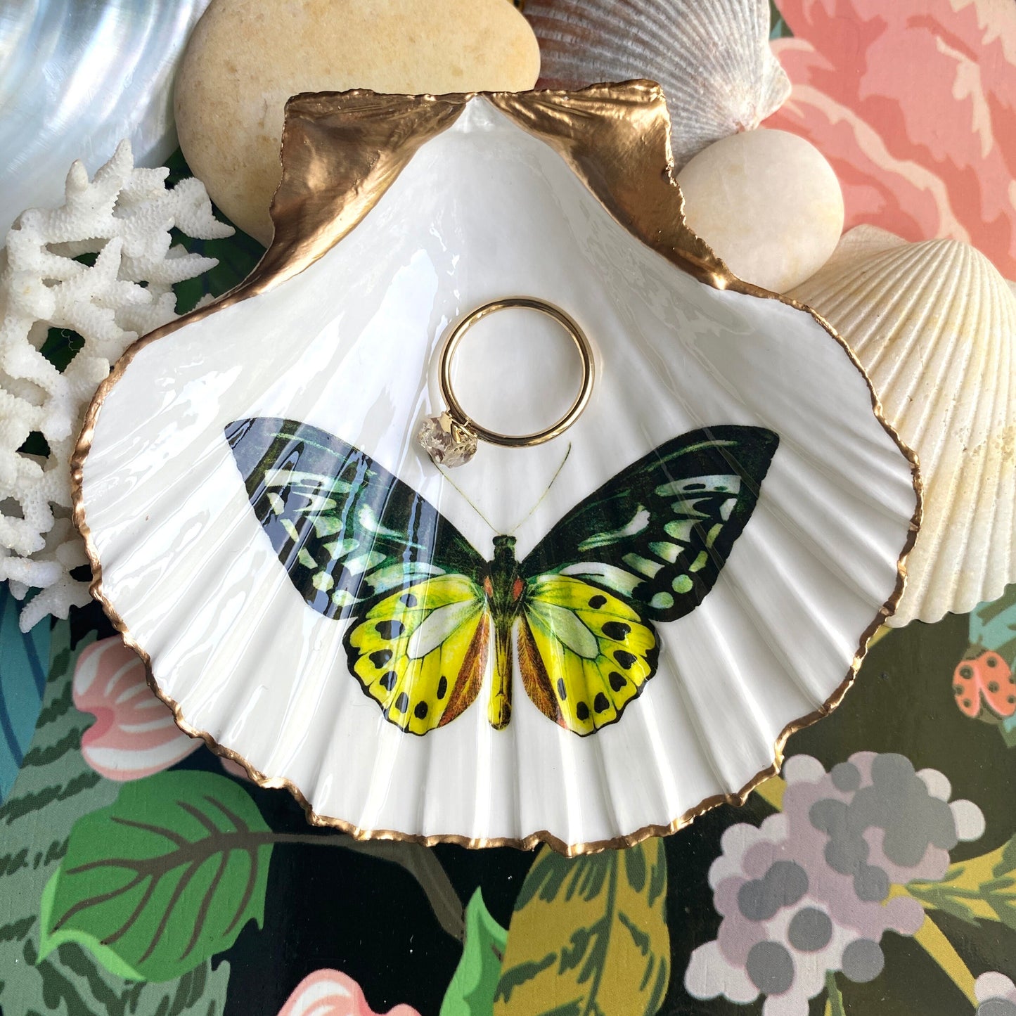 Decoupage Scallop Shell Trinket Dish Butterfly Art