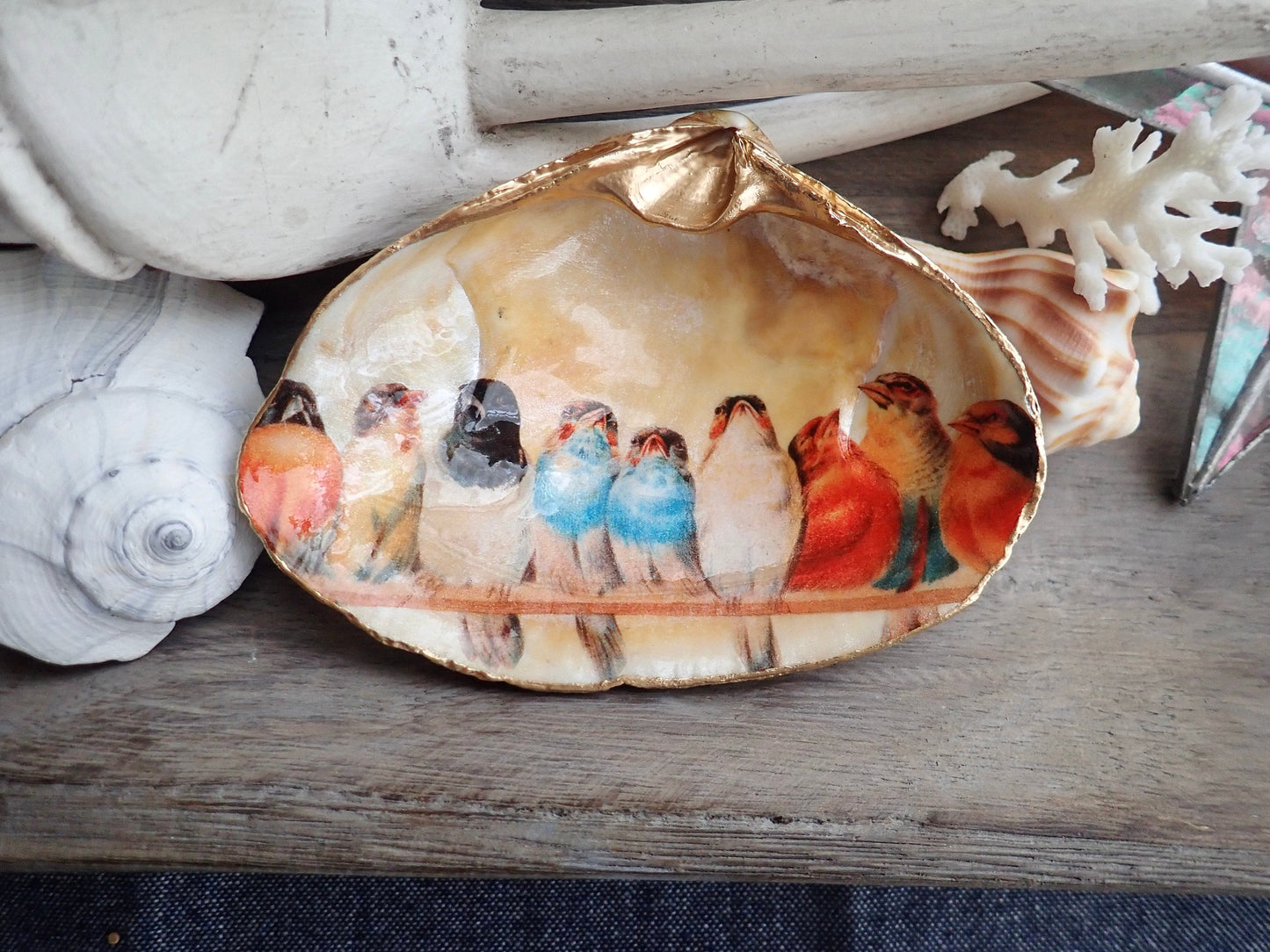 Decoupage Clam Shell Trinket Dish Bird Lover Art