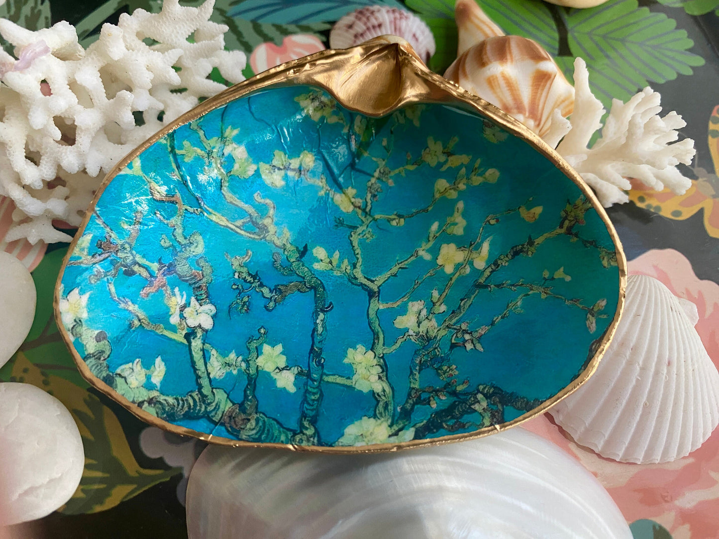 Decoupage Clam Shell Jewelry Dish – Almond Blossoms Art, Coastal Tabletop Decor