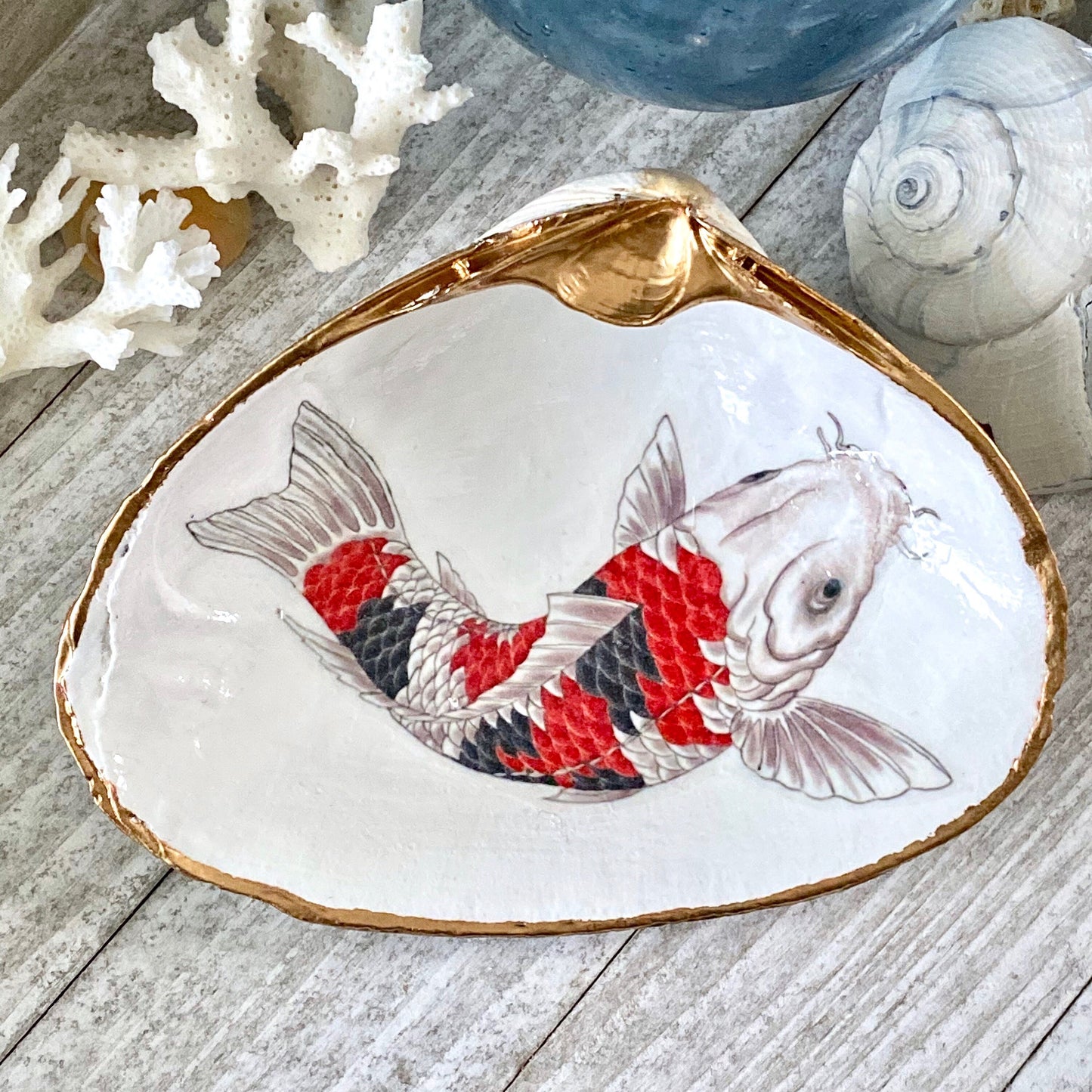 Koi Fish Decoupage Clam Shell Ring Dish – Handcrafted Coastal Trinket Holder, Nautical Gift
