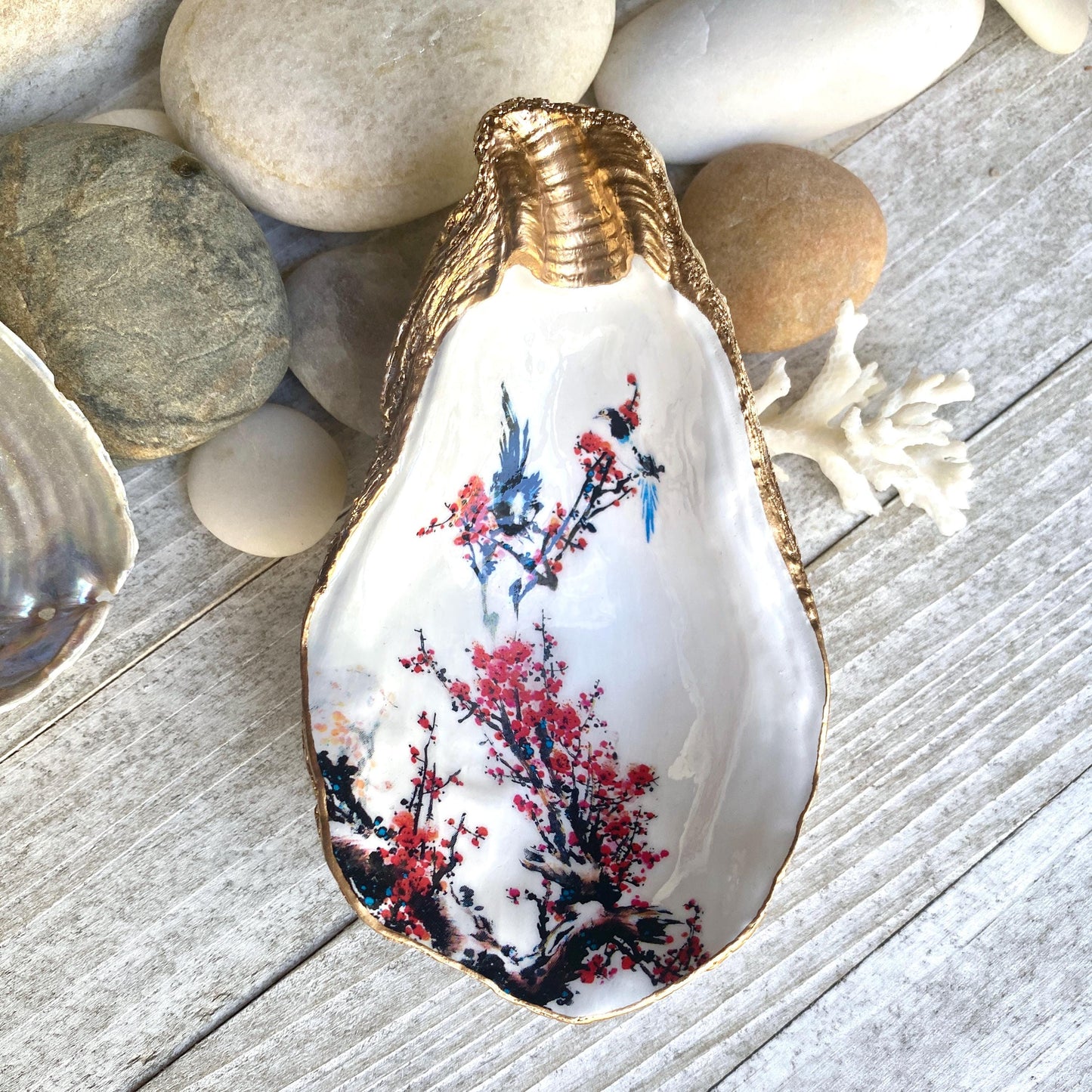 Cherry Blossom Oyster Shell Trinket Dish – Hand-Crafted Decoupage Art