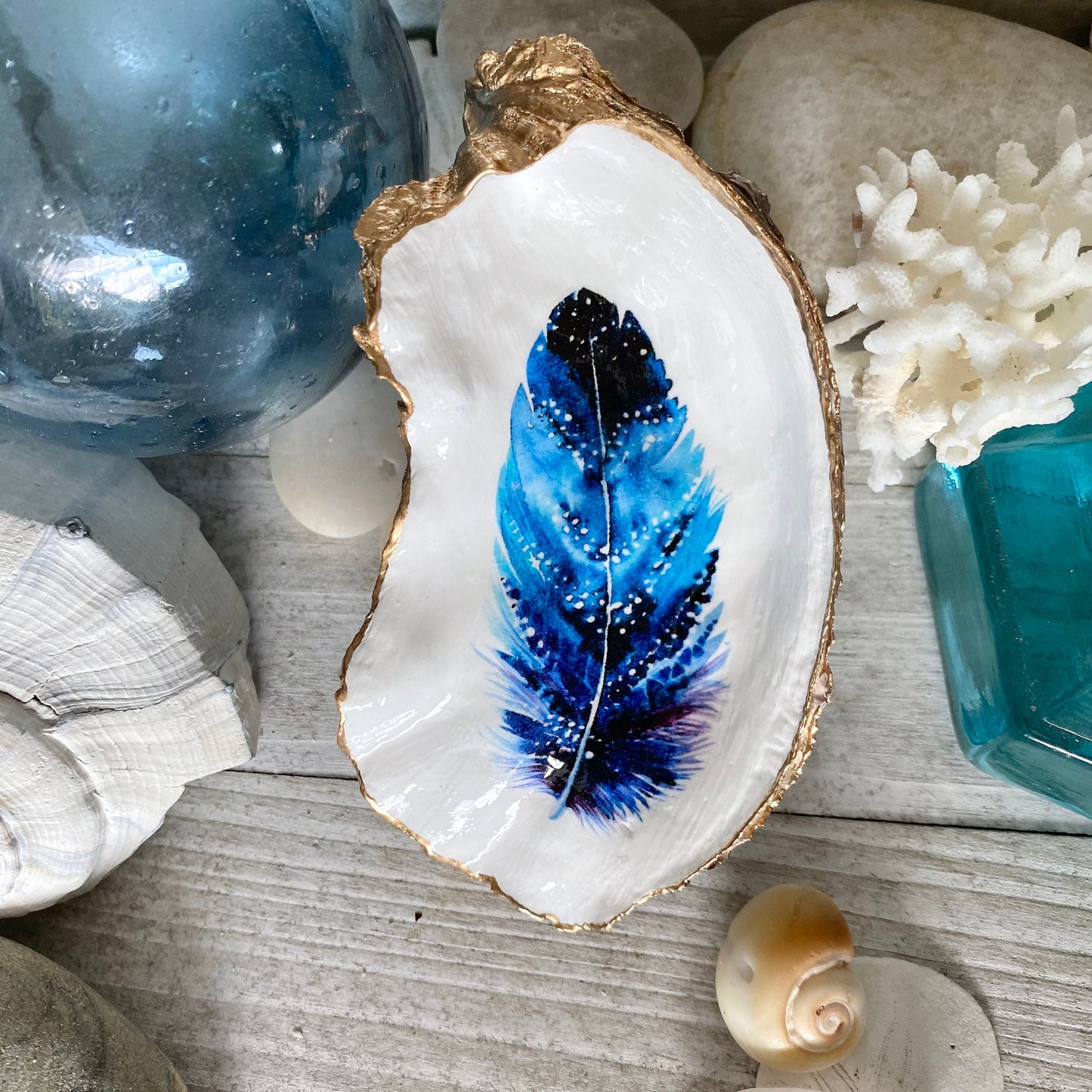 Decoupage Oyster Shell Jewelry Dish, Feather Design, Beach House Decor Accent