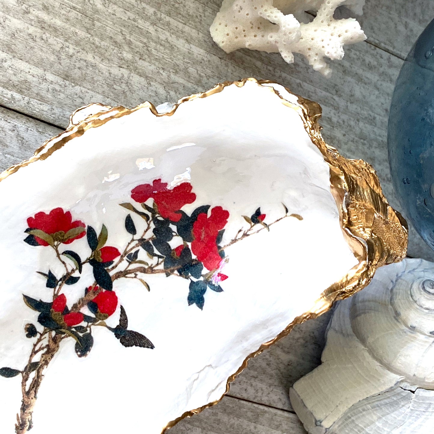 Decoupage Oyster Shell Trinket Dish Cherry Blossom Art