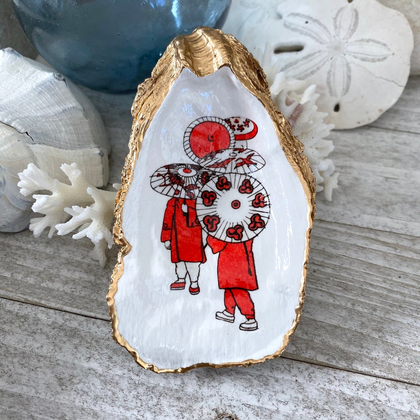 Decoupage Oyster Shell Trinket Dish – Vintage Asian Art, Beach House Accent
