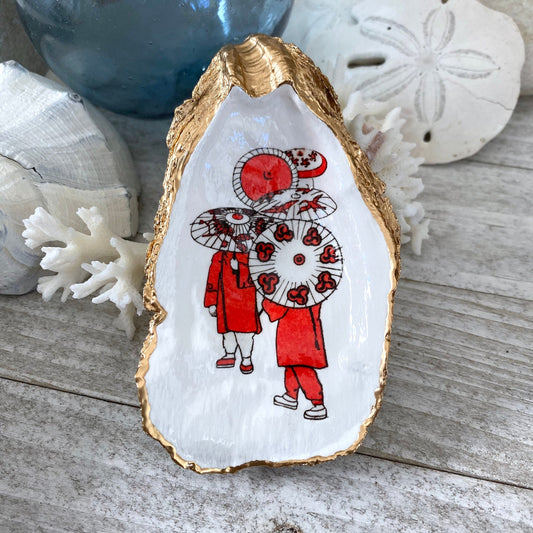 Decoupage Oyster Shell Trinket Dish – Vintage Asian Art, Beach House Accent