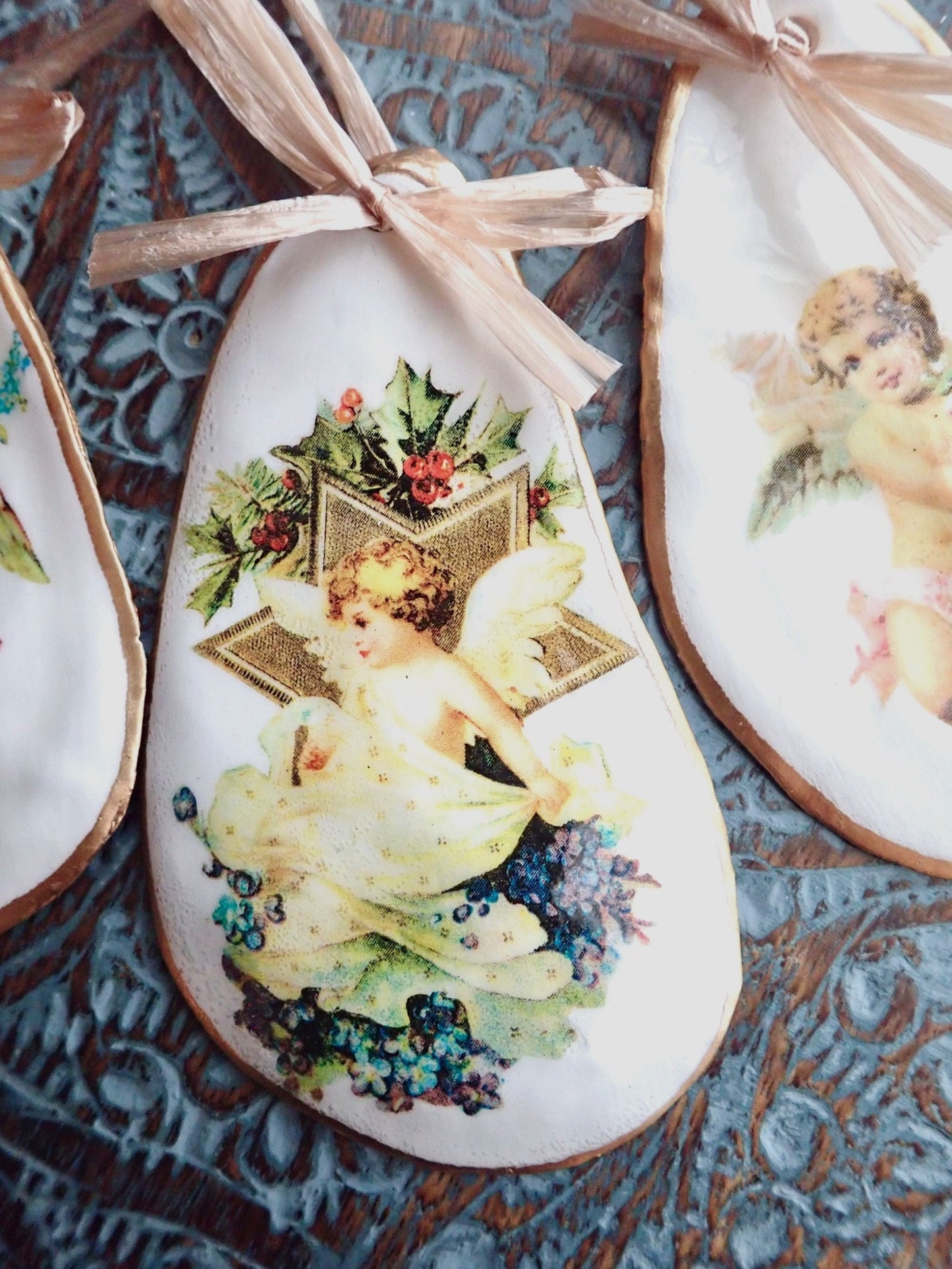 Holiday Angels Decoupage Oyster Shell Ornaments