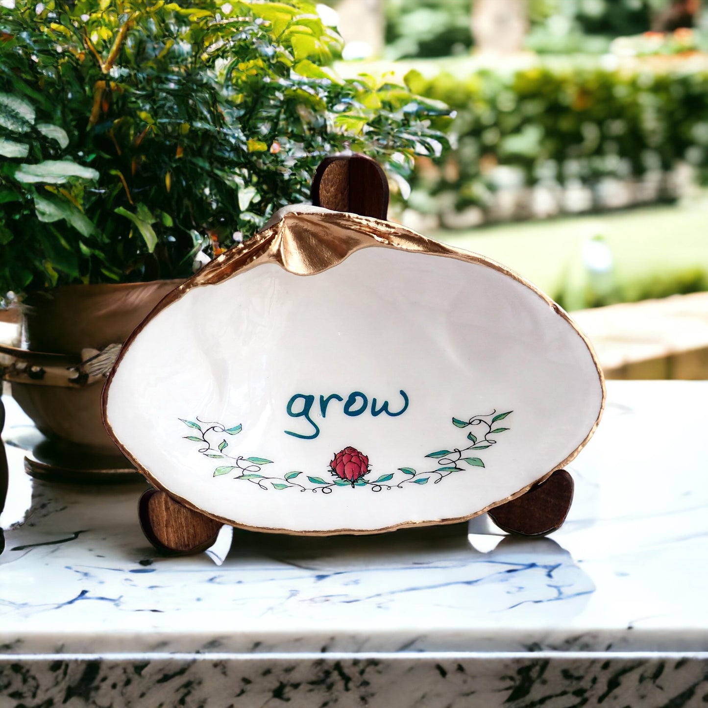 Decoupage Clam Shell Ring Dish – Handcrafted Daily Affirmation Jewelry Holder