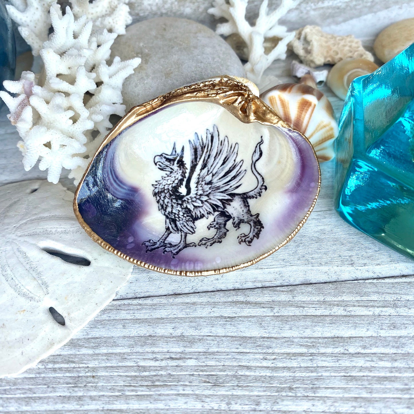 Decoupage Clam Shell Trinket Dish Mythical Griffin Art