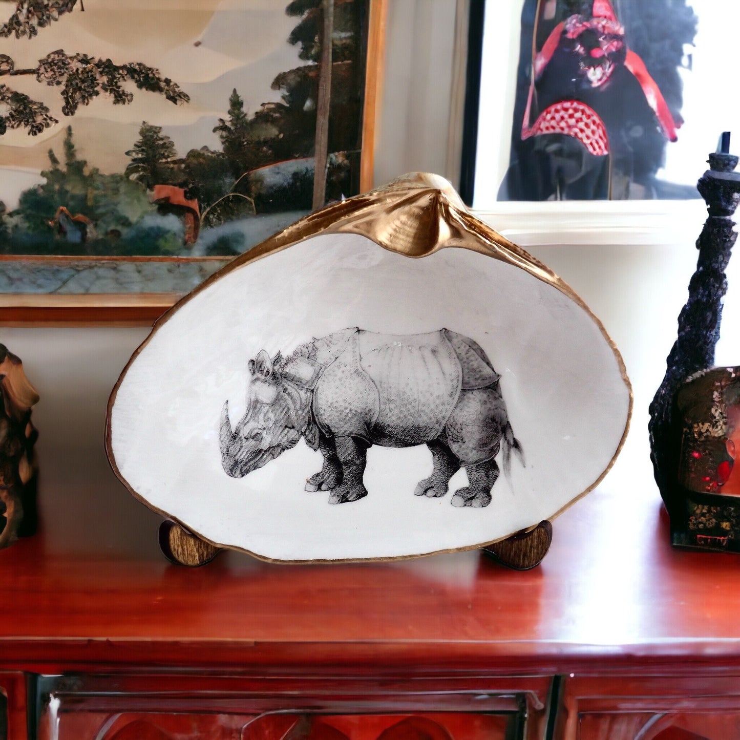 Rhinoceros Art Decoupage Clam Shell Ring Dish – Dürer-Inspired Nature Lover Gift