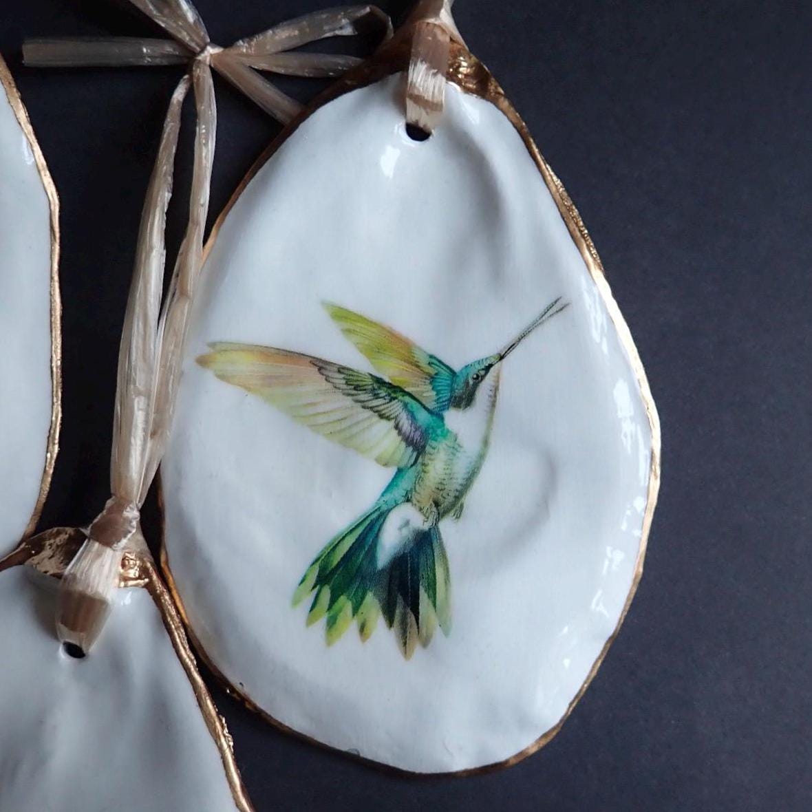 Holiday Ornament Decoupage Hummingbird Oyster Shell