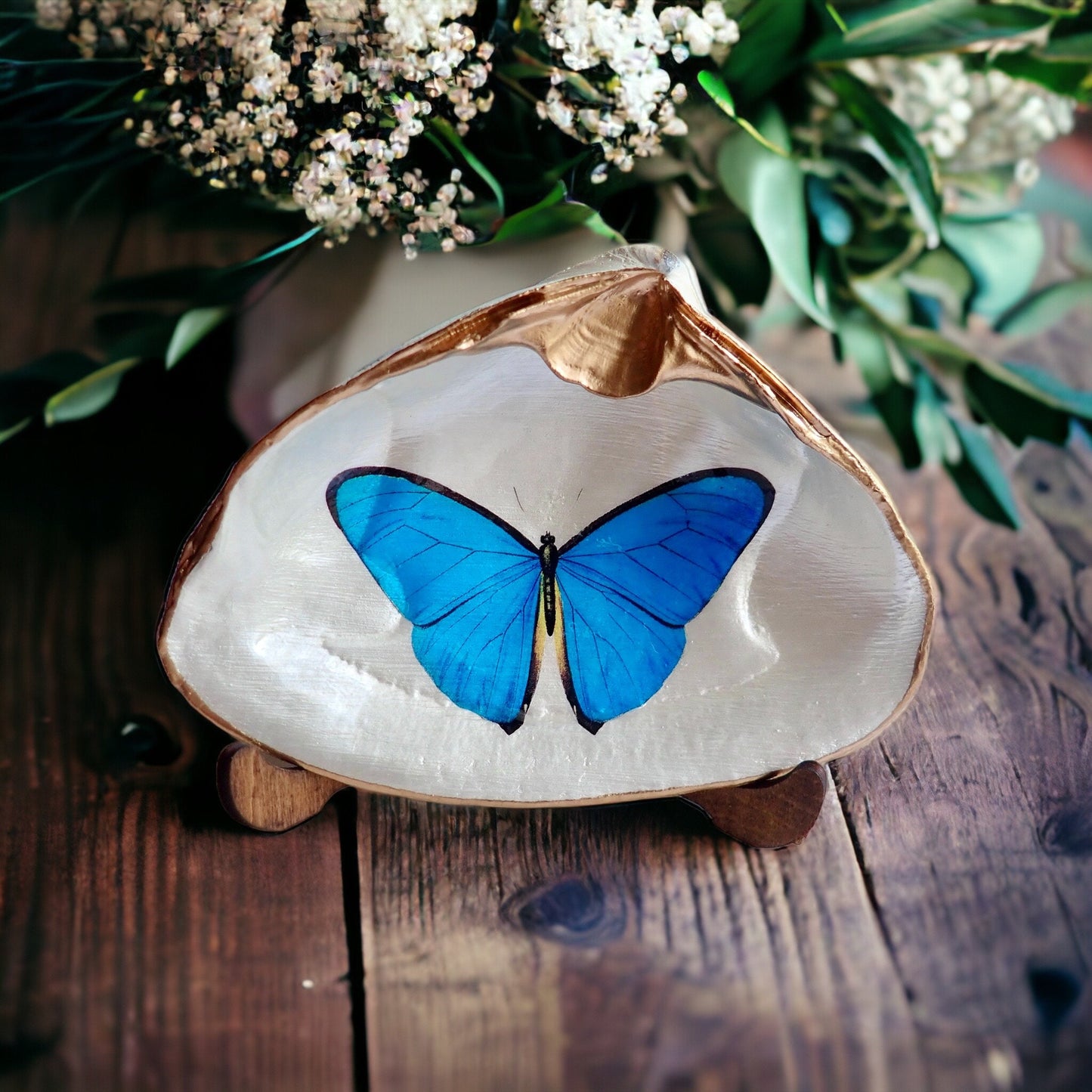 Blue Morpho Butterfly Decoupage Clam Shell Trinket Dish