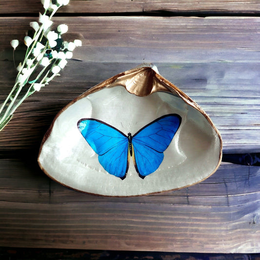 Blue Morpho Butterfly Decoupage Clam Shell Trinket Dish
