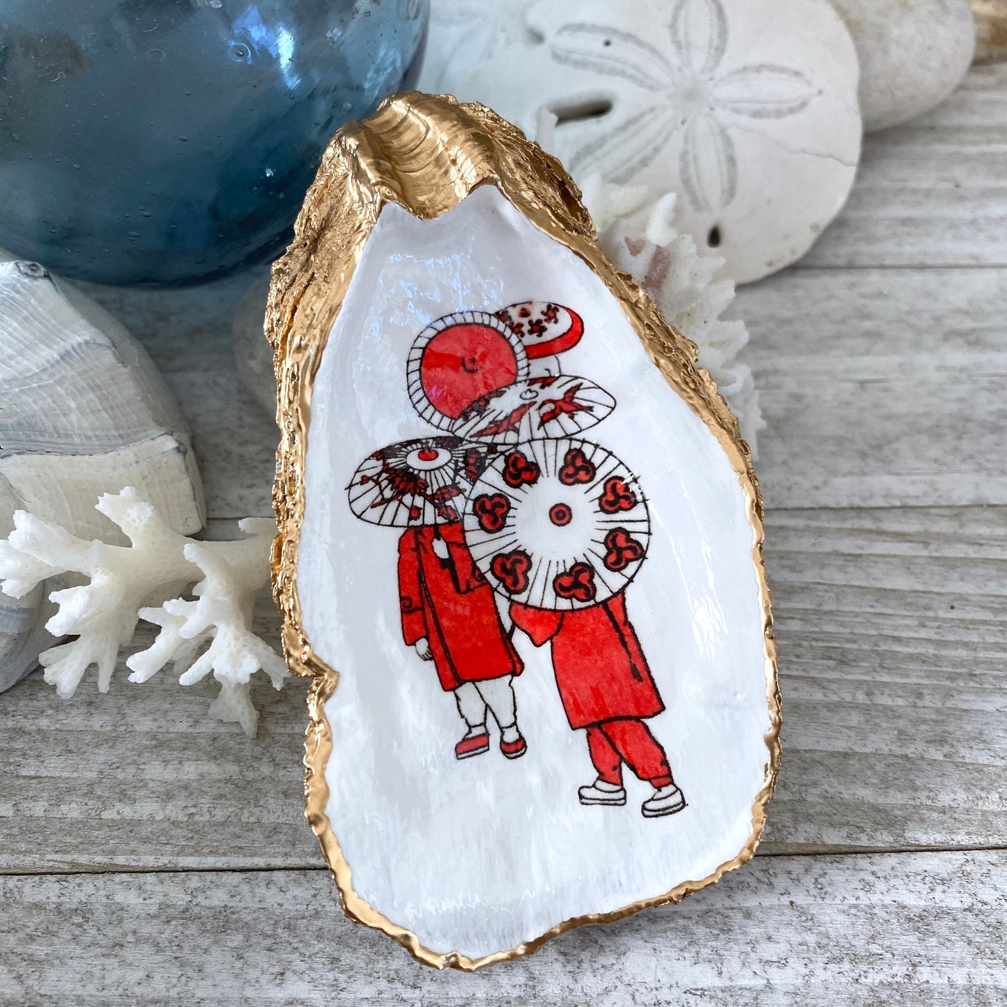 Decoupage Oyster Shell Trinket Dish – Vintage Asian Art, Beach House Accent