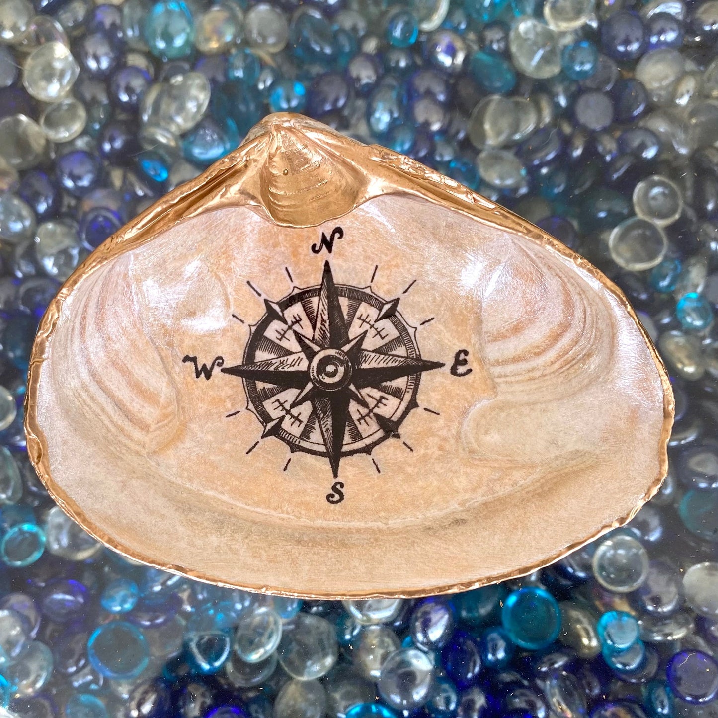 Decoupage Clam Shell Nautical Compass Art Trinket Dish