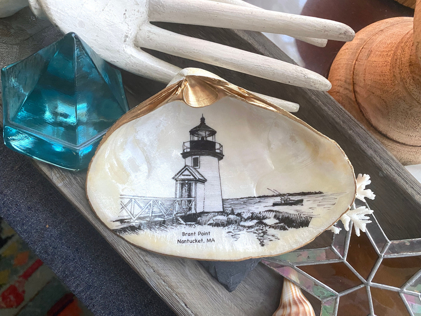 Decoupage Clam Shell Trinket Dish Nantucket Art