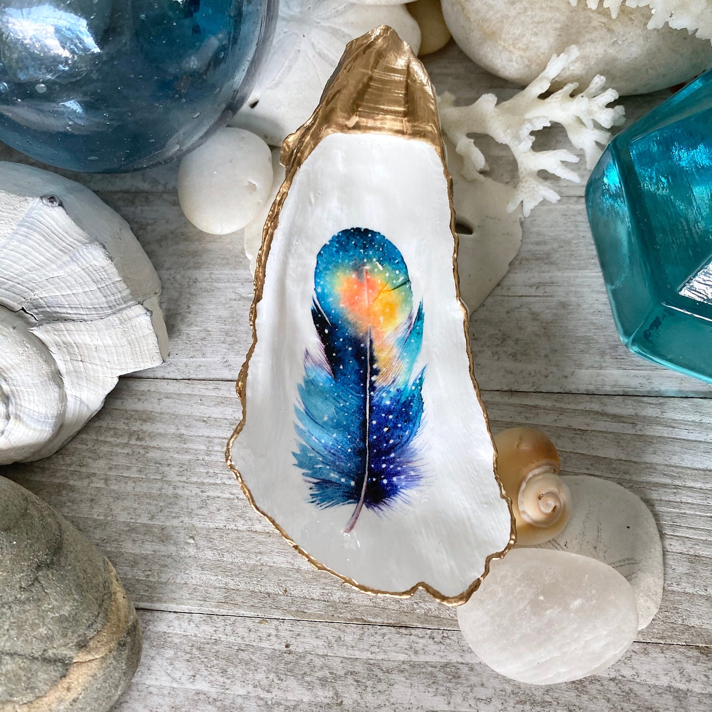 Decoupage Oyster Shell Trinket Dish - Feather Design, Beach House Decor