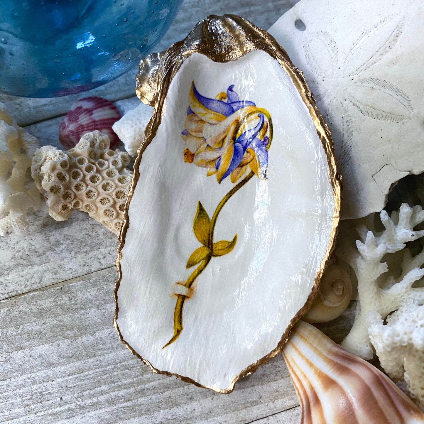 Decoupage Oyster Shell Trinket Dish Columbine Flower Art