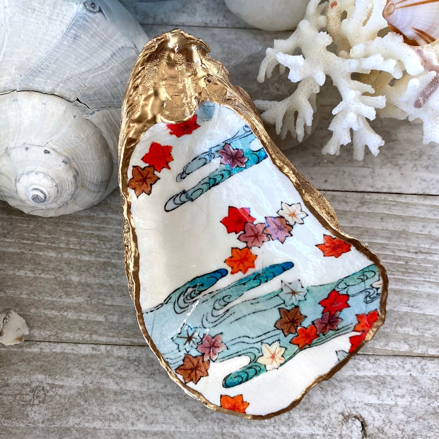 Decoupage Oyster Shell Ring Dish – Autumn Leaves Design, Hostess Gift