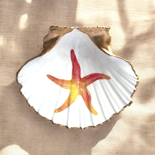 Handcrafted Sea Star Scallop Shell Shadow Box, Coastal Beach Decor, Gold Edging, Ocean Lover Gift
