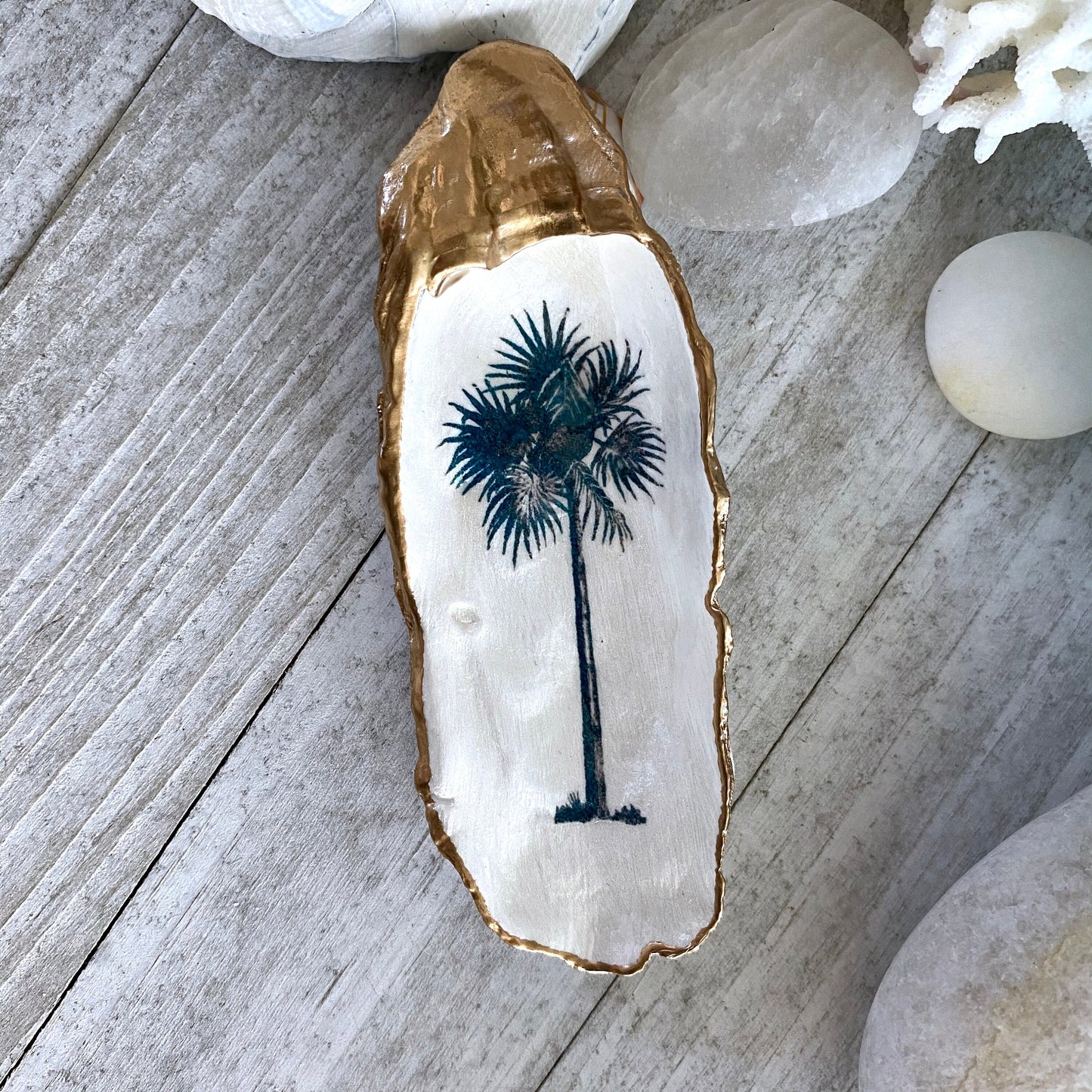 Decoupage Palm Tree Oyster Shell Ring Dish – Coastal Jewelry Holder, Nautical Gift