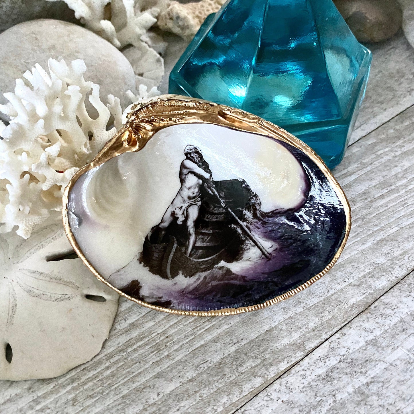 Decoupage Clam Shell Ring Dish – Charon Ferryman Design, Mythological Gothic Art